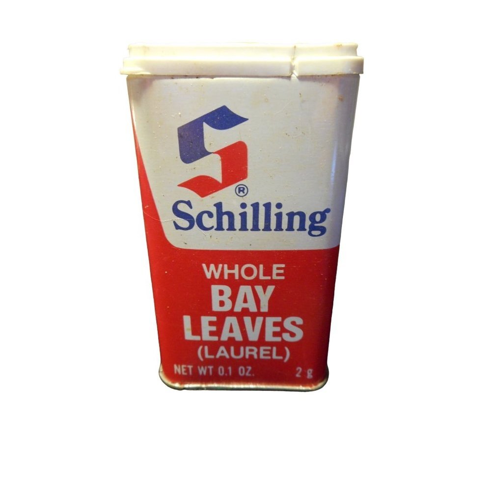 Vintage Schilling Whole Bay Leaves Laurel Seasoning Spice Container Estate Find